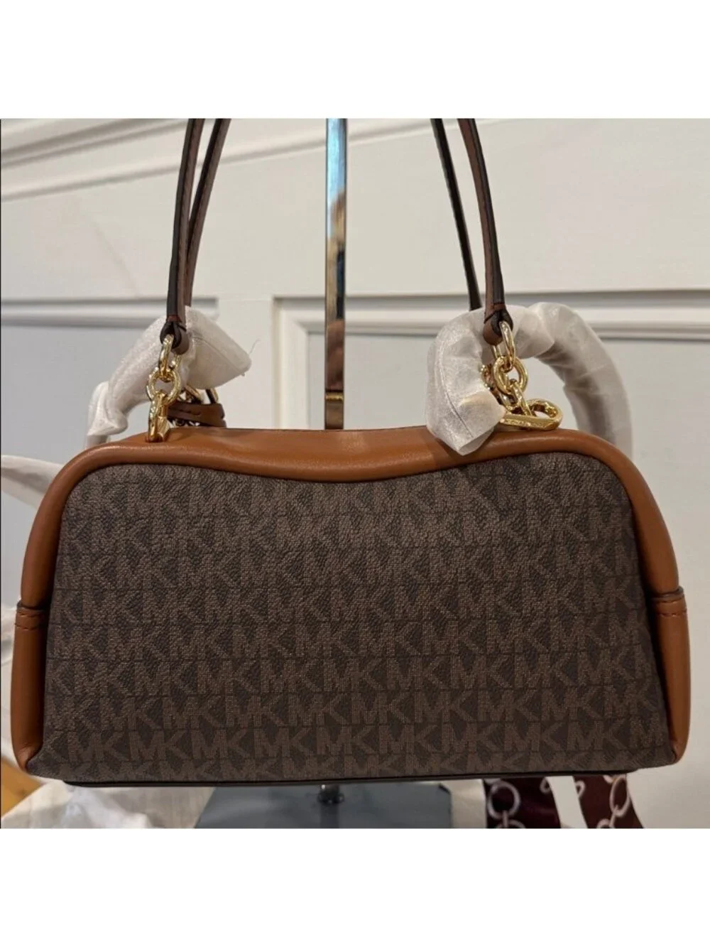 Michael Kors Bag Jet Set Signature Brown Leather Satchel Crossbody